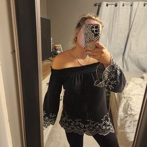 White House Black Market Black and White Off-Shoulder Blouse